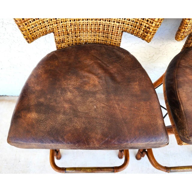 Kreiss Kreiss Bamboo Barstools Leather Pair For Sale - Image 4 of 13