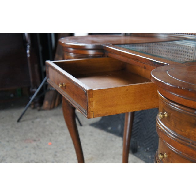 Wood Mid 20th Century French Louis XVI Caned Cherry Mirrored Kidney Dressing Vanity Desk For Sale - Image 7 of 12
