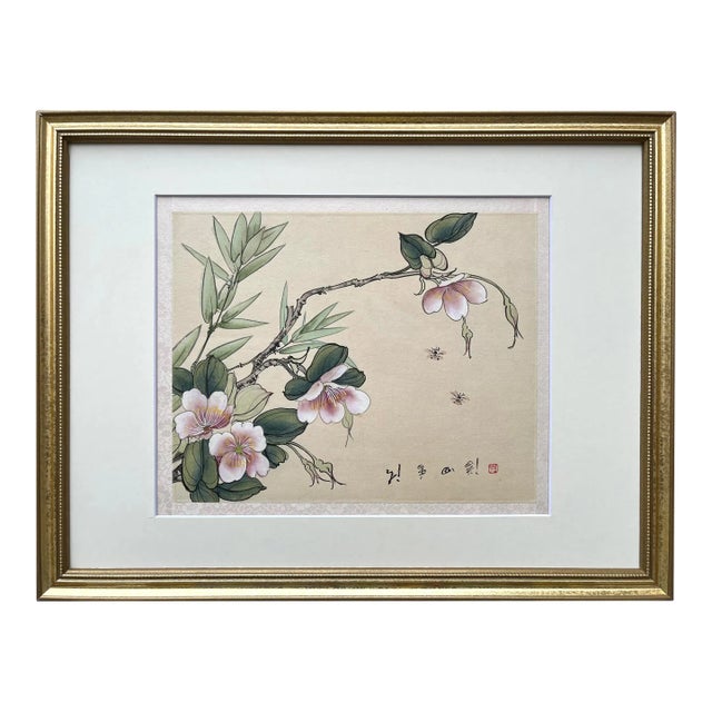 Vintage Original Chinese Watercolor Painting on Silk Flowers and Butterflies For Sale