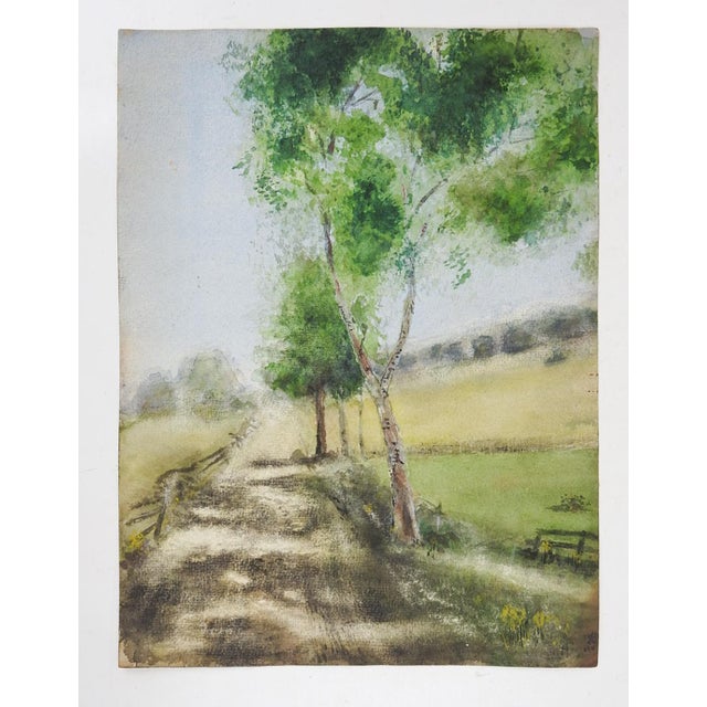 English Early 20th Century Country Road Landscape Watercolor Painting For Sale - Image 3 of 4