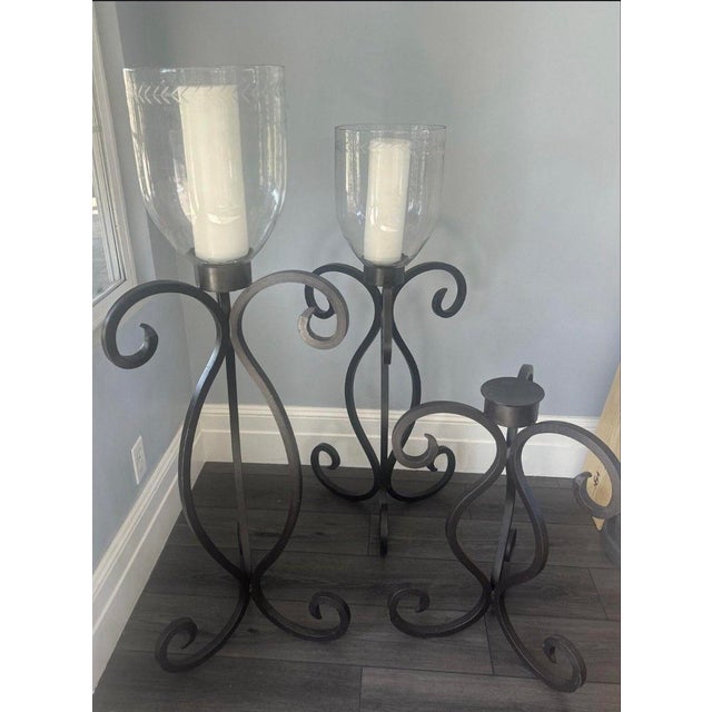 Spanish Revival Set of 3 Monumental Wrought Iron Floor Candelabras With Etched Glass Hurricanes Spiral Detail For Sale - Image 3 of 10