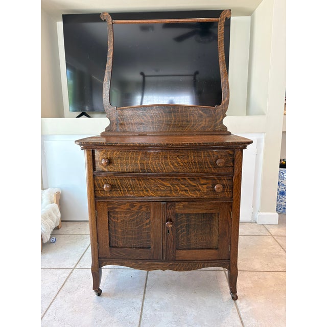 American Grandmillennial Antique Tiger Oak Wood Cabinet Dresser W/ Removable Towel Bar For Sale - Image 3 of 13