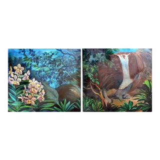 Unknown Large Scale Mid-Century Secret Dark Garden Diptych Tempera on Masonite Berkeley 1960 For Sale