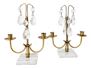 Vintage Brass and Marble Candelabras with Crystal Prisms, 1970s, Set of 2