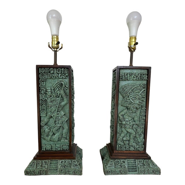 Pair of Vintage Mid Century Modern Zarebski Malachite Mexican Mayan Design Table Lamps For Sale