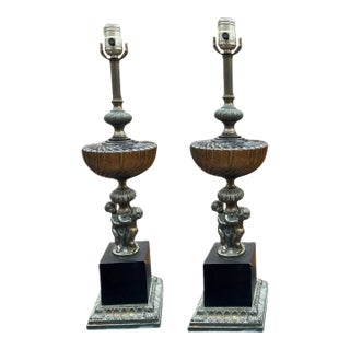 Vintage Art Nouveau Black Smoked Glass Table Lamps, Set of 2 For Sale
