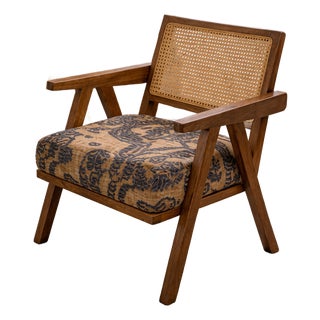 Mid-Century Lounge Chair – Rattan Back, Upholstered in Designer Dedar Tiger Mountain For Sale