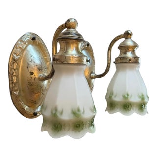 Antique Silverplate Gooseneck Wall Sconccs With White and Green Flower Shades - a Pair For Sale