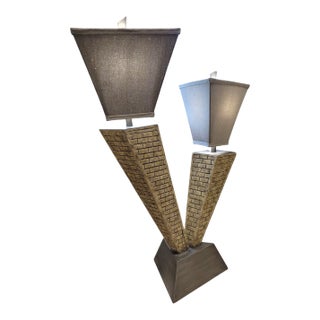 1970s Brutalist Skyscraper Lamp - Geometric Mixed-Media Table Lamp For Sale