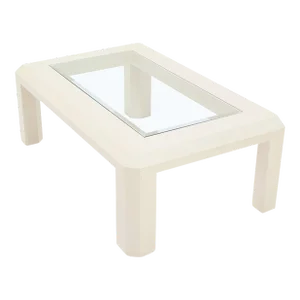 Beige Lacquered Textured Grass Cloth Rafia Rectangular Glass Top Coffee Table