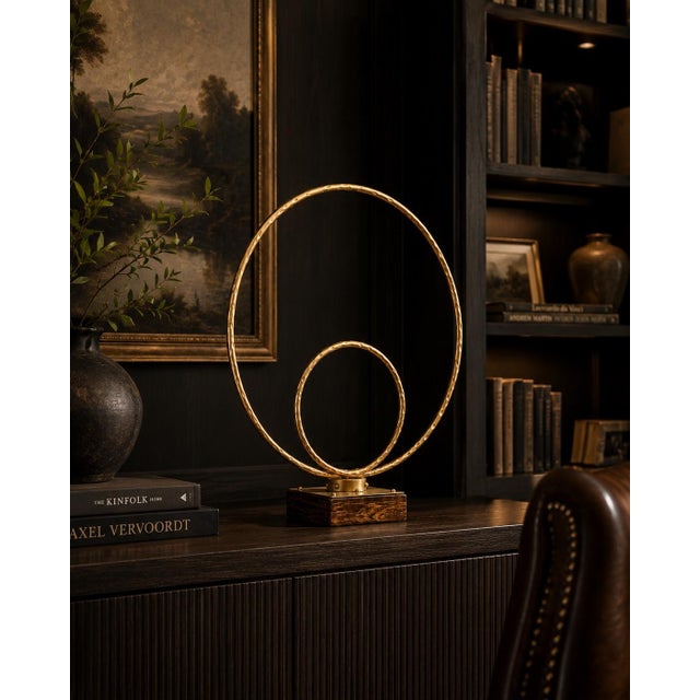 Modern Organic Hammered Metal Double Ring Sculpture on Wood Base For Sale In Houston - Image 6 of 7