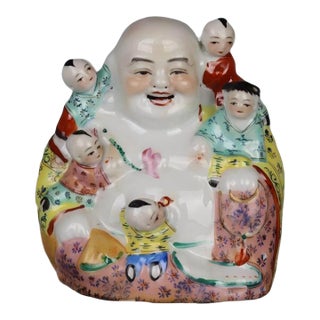 Chinese Vintage Ceramic Buddhist Sculpture,Hand Carved Famille Rose Porcelain Statue of Five Children Maitreya Buddha For Sale