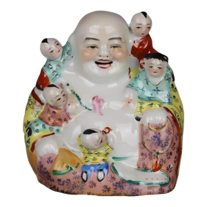 Chinese Vintage Ceramic Buddhist Sculpture,Hand Carved Famille Rose Porcelain Statue of Five Children Maitreya Buddha