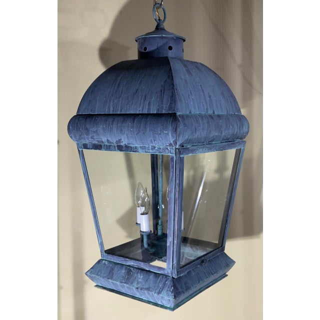 Large Square Vintage Solid Brass Hanging Lantern Chandelier For Sale - Image 10 of 14