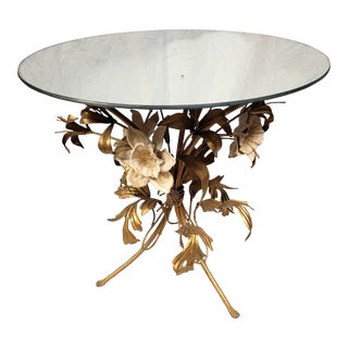 1960s Hans Kögl Style Hollywood Regency Italian Tole Brass Daffodil & Lily Side Table For Sale