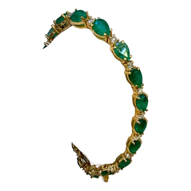 13 Carat Natural Zambian Emerald & Diamond Tennis Bracelet 14 Karat Yellow Gold For Sale