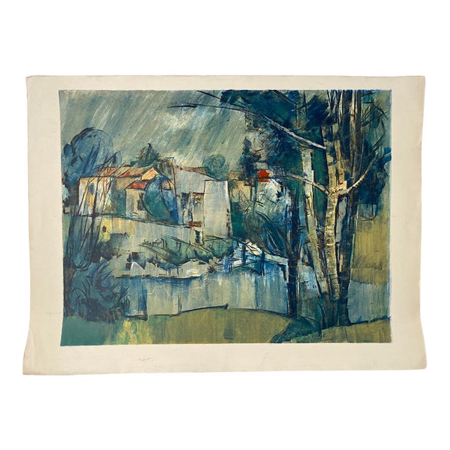 Modern Abstract Landscape Print, Blue Green Trees, Houses and Water For Sale