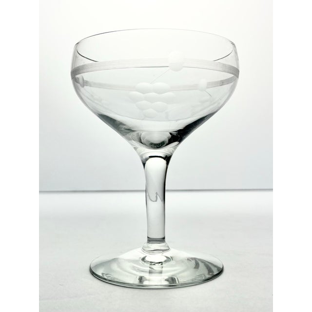 1950s Vintage Pair of Etched Grape Cluster Coupe Champagne Glasses For Sale - Image 4 of 5