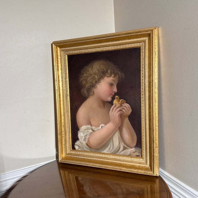 Vintage Oil Painting Child With Chick Classical Portrait Gilt Frame For Sale - Image 4 of 12