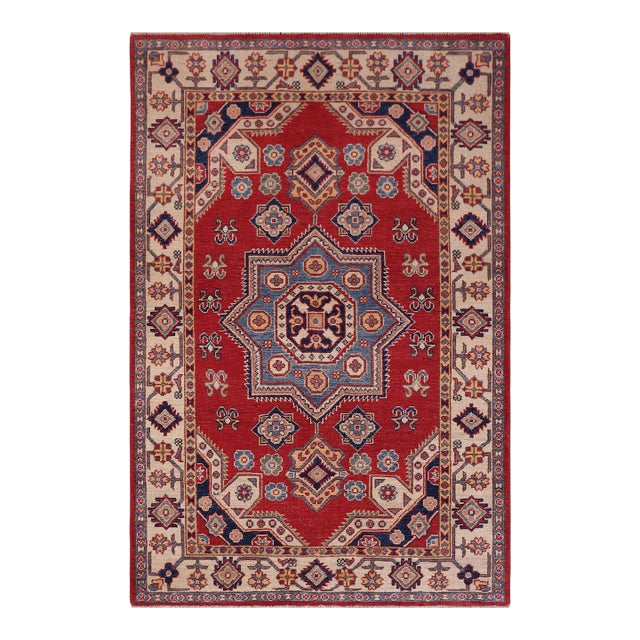 Southwestern Kazak Rustic Red/Beige Wool Rug - 4'0''x5'5'' For Sale
