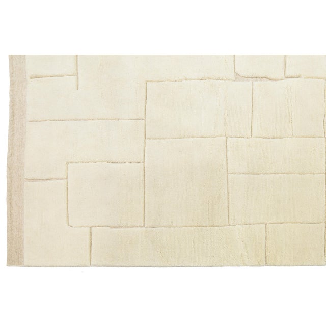 Contemporary Sculpted Ivory Moroccan Wool Rug Hand-Knotted Geometric High-Low For Sale - Image 4 of 12