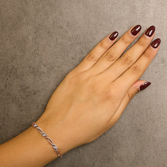 14K Rose Gold Plated .925 Sterling Silver 1/10 Cttw Diamond Alternating Swirl link Bolo Bracelet For Sale - Image 4 of 5