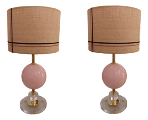 Vintage Pink Murano Glass Globe Table Lamps, Set of 2