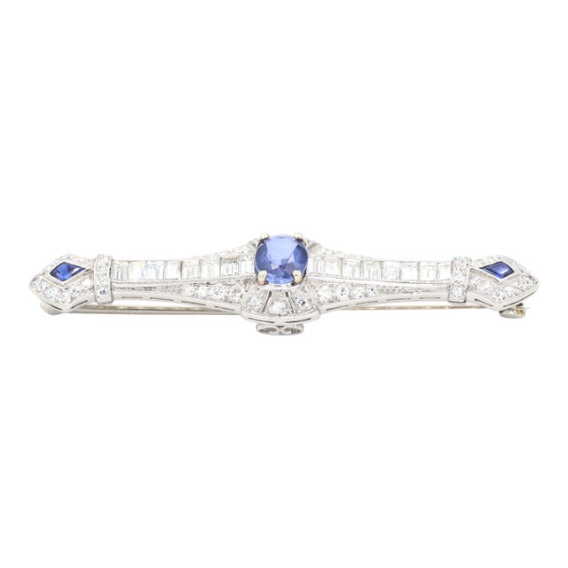 Mid 20th Century Platinum 950 Natural Sapphire and Diamond Brooch For Sale