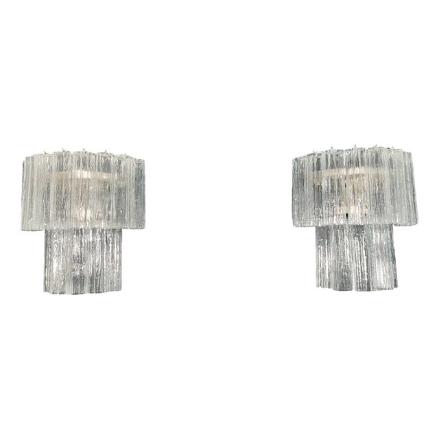 Vintage Murano Glass Tube Wall Sconces with 13 Transaparent Glass Tube, 1990s, Set of 2 For Sale