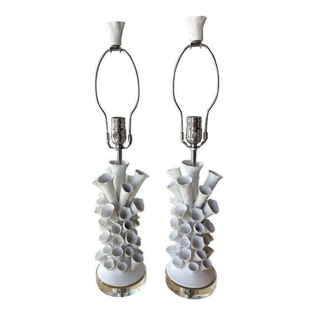 Vintage Pair Porcelain Faux Coral Tubes Table Lamps Lucite Base Newly Wired For Sale