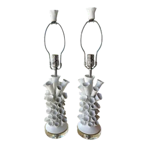 Vintage Pair Porcelain Faux Coral Tubes Table Lamps Lucite Base Newly Wired
