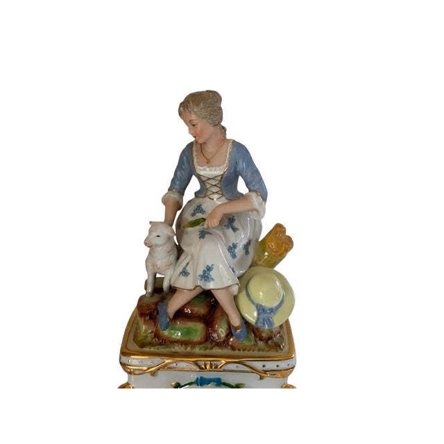 Antique Carl Thieme Dresden Porcelain Mantel Clock Figural Pastoral Woman Lamb Germany 1890s-1900s For Sale - Image 4 of 6