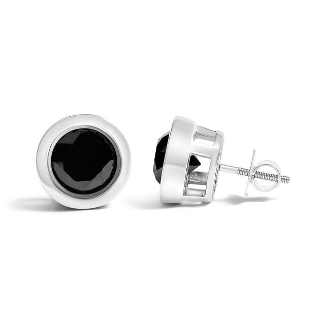 Contemporary .925 Sterling Silver 9 1/2 Cttw Round Brilliant-Cut Black Diamond Bezel-Set Stud Earrings with Screw Backs (Fancy Color-Enhanced, I2-I3 Clarity) For Sale - Image 3 of 5