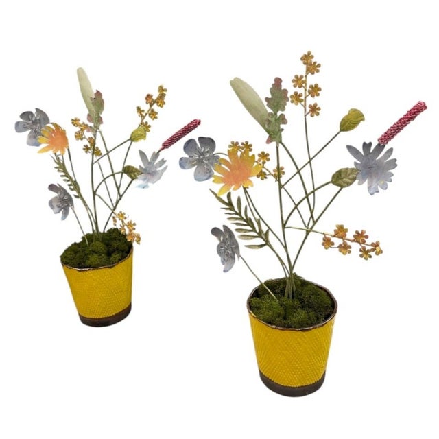 2000 - 2009 Pair of Vintage Italian Hand-Painted Metal Wildflower Arrangements in Textured Yellow Ceramic Pots For Sale - Image 5 of 12