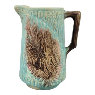 Antique English Majolica Begonia Leaf & Fern Pitcher in Aqua Turquoise Glaze For Sale