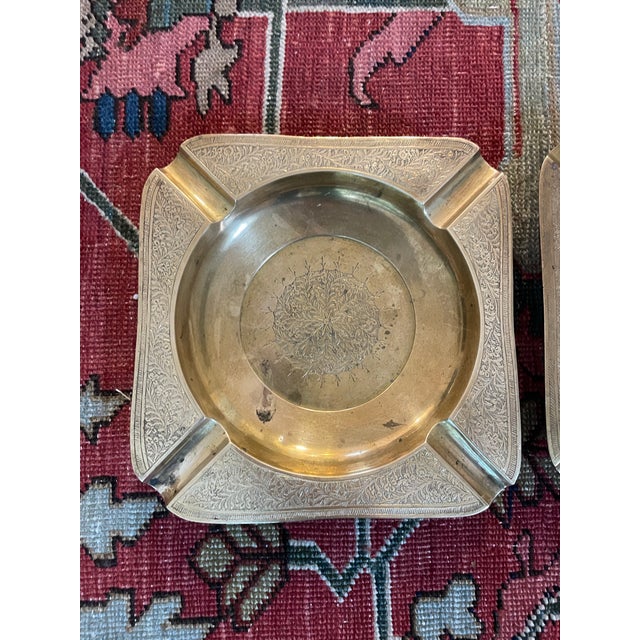 Shabby Chic Pair of Vintage Etched Brass Ashtrays For Sale - Image 3 of 9