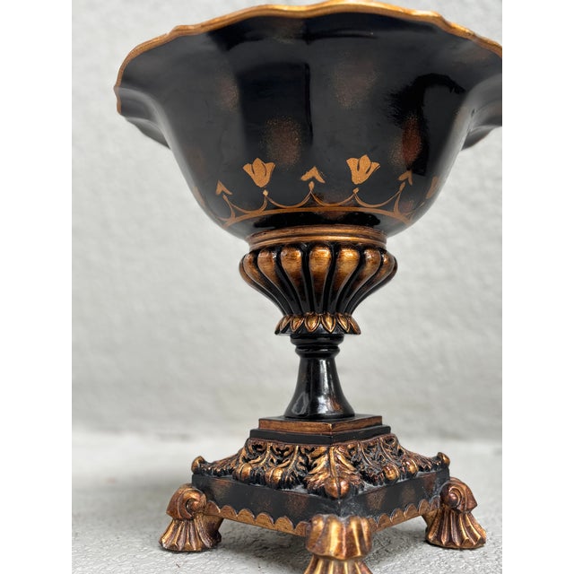 Hollywood Regency Black and Gold Decorative Pedestal Bowl For Sale - Image 3 of 15