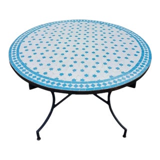 48" Moroccan White and Turquoise Round Mosaic Table For Sale