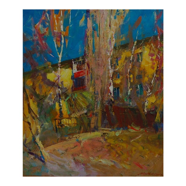 Antique Autumn Cityscape Oil Painting, Ukrainian Soviet Art 81-70 For Sale