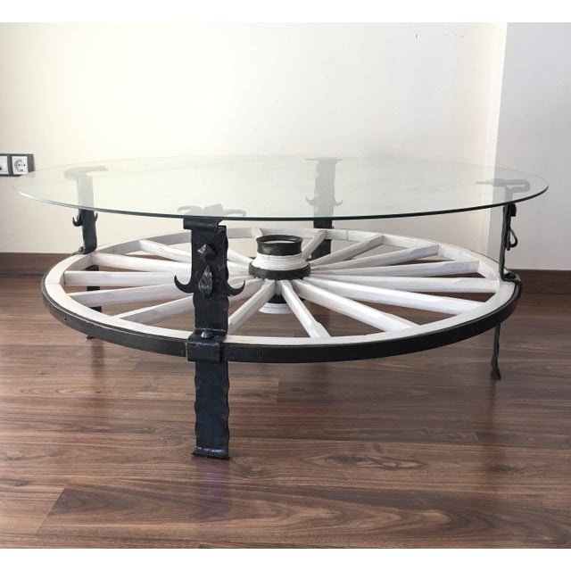 20th Century Glass Top Wooden Wagon White Wheel Accent Spanish Table For Sale In Miami - Image 6 of 18