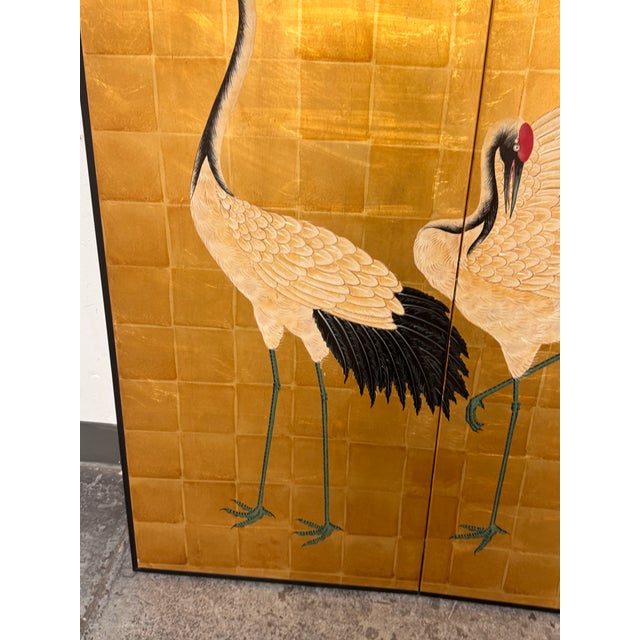 Gold Late 20th Century Chinese Two-Panel Screen With Cranes For Sale - Image 8 of 11