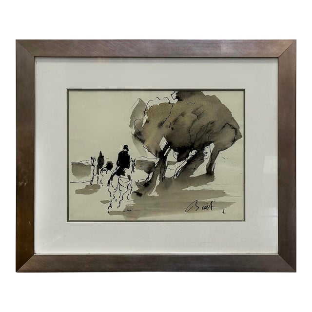 Vintage Abstract Fox Hunt Horse Painting in Gouache and Ink Watercolor For Sale