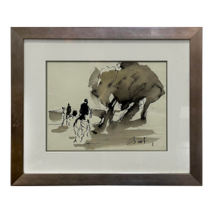 Vintage Abstract Fox Hunt Horse Painting in Gouache and Ink Watercolor