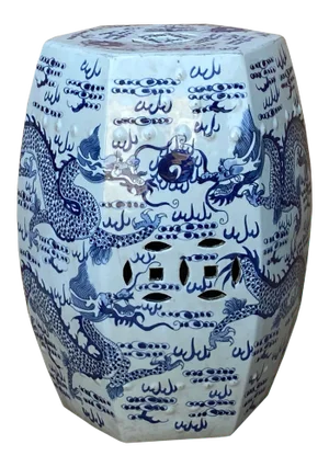 Chinese Blue & White Porcelain Hexagon Double Dragons Table Stool
