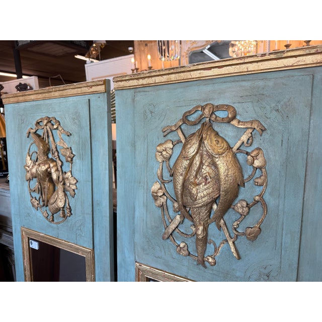 French Pair of French Hunt Motif Trumeau Mirrors For Sale - Image 3 of 6