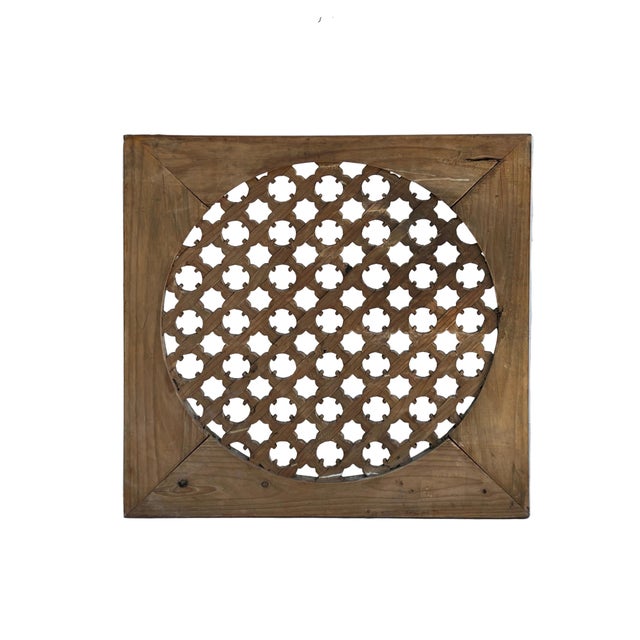 Vintage Mustard Yellow Geometric Flower Lattice Circle Square Wood Panel For Sale - Image 4 of 10