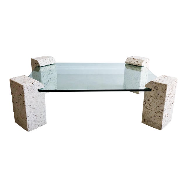 Vintage Four Pedestal Solid Coral Rock Coquina Stone And Glass Coffee Table Chairish