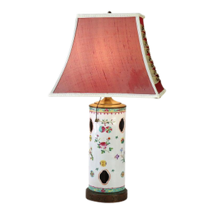 Antique Hand Painted Chinese Cutout Porcelain Wig Stand Table Lamp 19thC