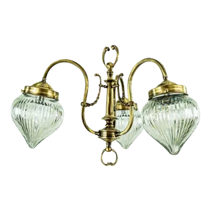 Vintage Art Nouveau Chandelier Fixture in Brass & Teardrop Diamond Crystal Glass