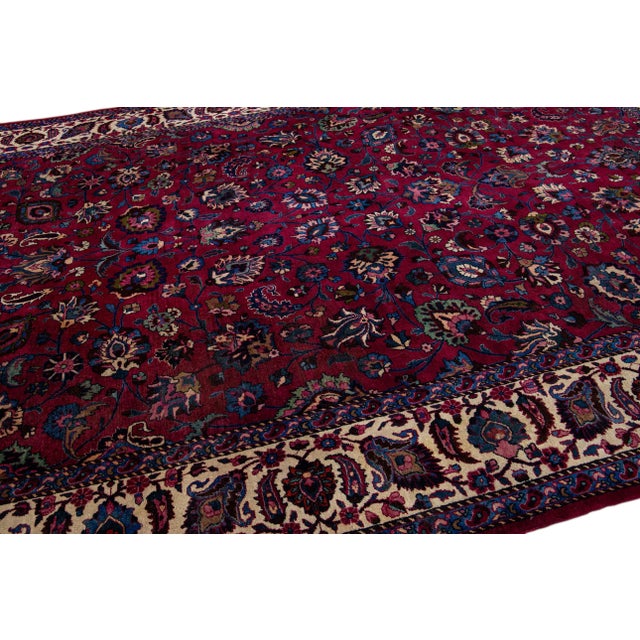 Red Mashad Handmade Allover Floral Red Wool Rug For Sale - Image 8 of 11